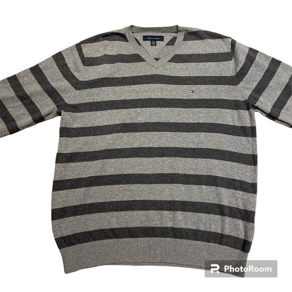 Tommy Hilfiger Mens Gray Striped V-Neck Sweater Size L 100% Cotton Long Sleeve - Picture 1 of 8